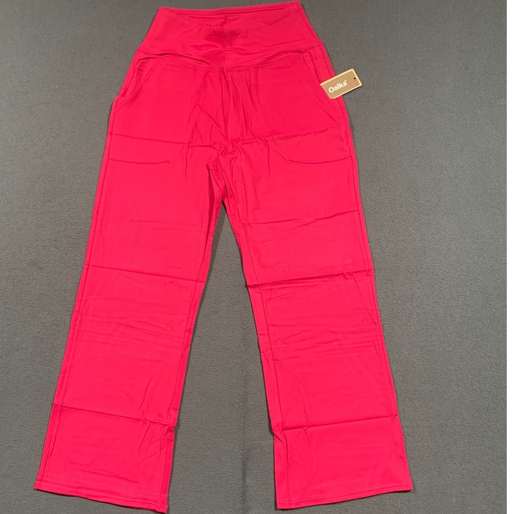 Oalka Women's Magenta Red Wide Leg‎ Yoga Pants M 75% Nylon 25% Spandex